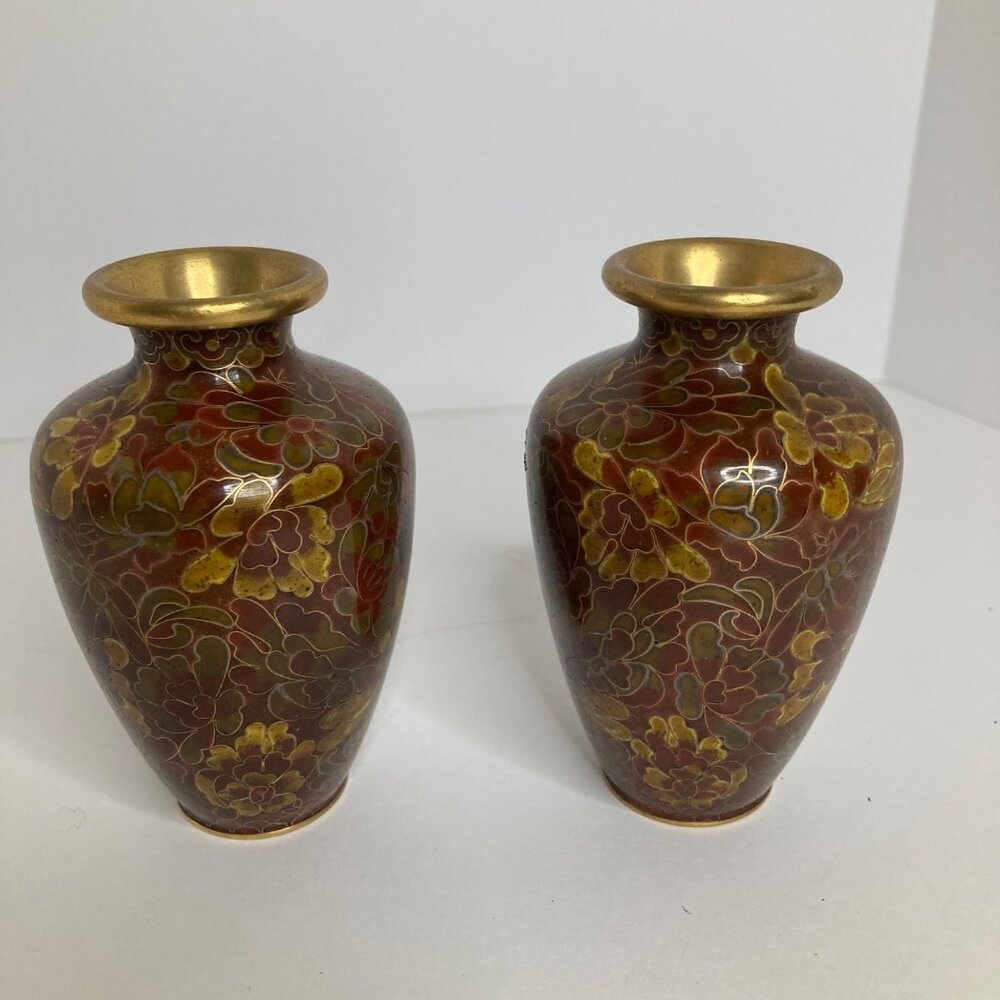 2 Vintage Floral Cloisonne Vases Brown Red Black Gold 4" gold rim base